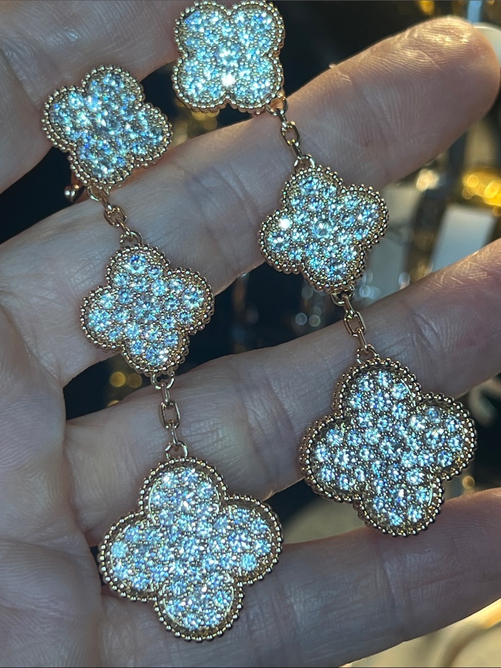 Gold-Tone Crystal Clover Drop Earrings - Sparkling White Crystals
